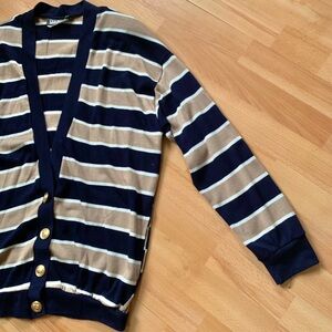 Truevintage mint Y2K old money Striped Navy Tan Cardigan with shoulder pads